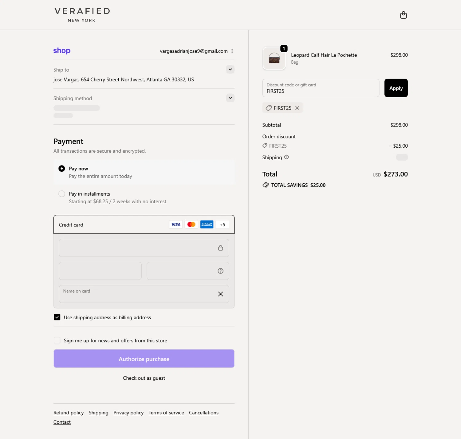 VERAFIED discount code screenshot showing code FIRST25 applied at VERAFIED checkout page. Uploaded by SimplyCodes community member WladimirV on Sep 21, 2025