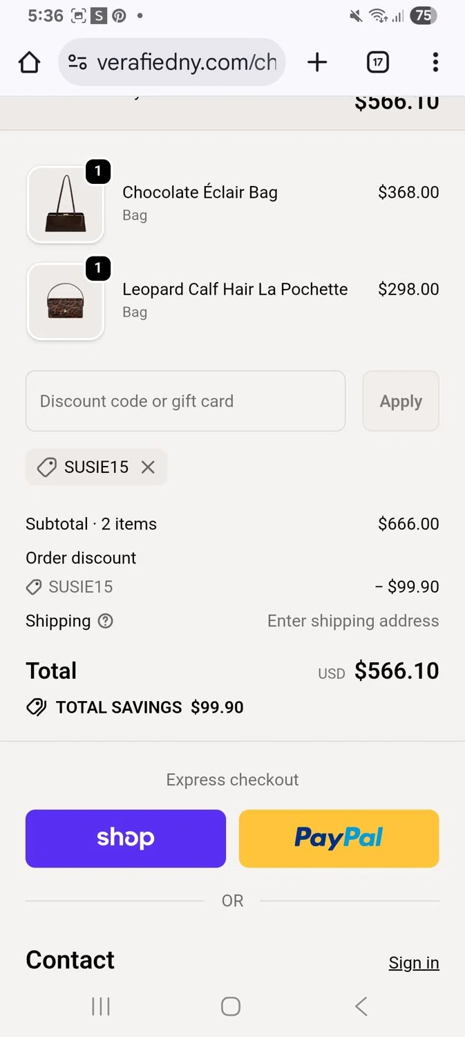 VERAFIED discount code screenshot showing code Susie15 applied at VERAFIED checkout page. Uploaded by SimplyCodes community member KarinaHZ on Oct 19, 2025