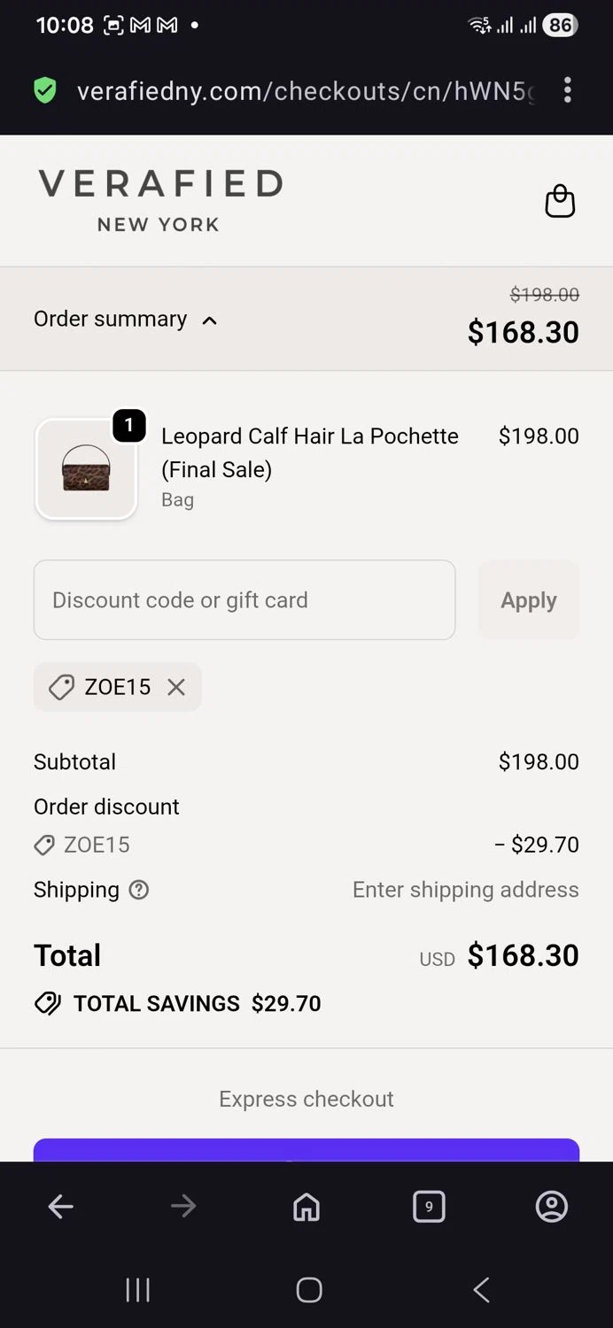 VERAFIED discount code screenshot showing code Zoe15 applied at VERAFIED checkout page. Uploaded by SimplyCodes community member vida5254427716958 on Dec 8, 2025