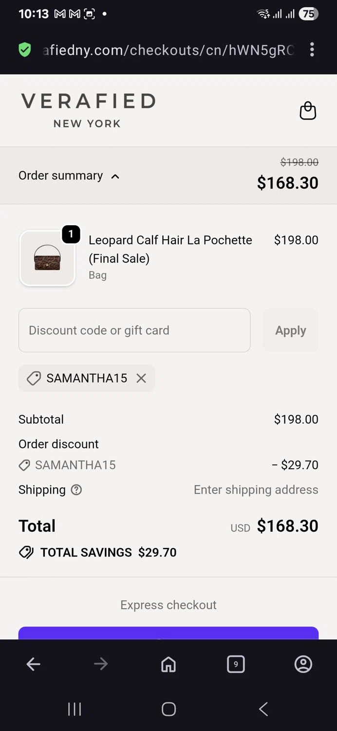 VERAFIED discount code screenshot showing code Samantha15 applied at VERAFIED checkout page. Uploaded by SimplyCodes community member vida5254427716958 on Nov 25, 2025