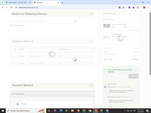 Verdant Tea checkout page showing Verdant Tea discount code box | Screenshot taken by SimplyCodes community member on Mar 26, 2025