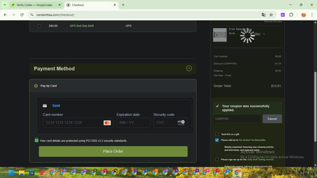Verdant Tea checkout page showing Verdant Tea discount code box | Screenshot taken by SimplyCodes community member on Mar 26, 2025