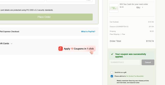Verdant Tea checkout page showing Verdant Tea discount code box | Screenshot taken by SimplyCodes community member on Sep 9, 2025