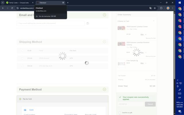 Verdant Tea checkout page showing Verdant Tea discount code box | Screenshot taken by SimplyCodes community member on Apr 10, 2025