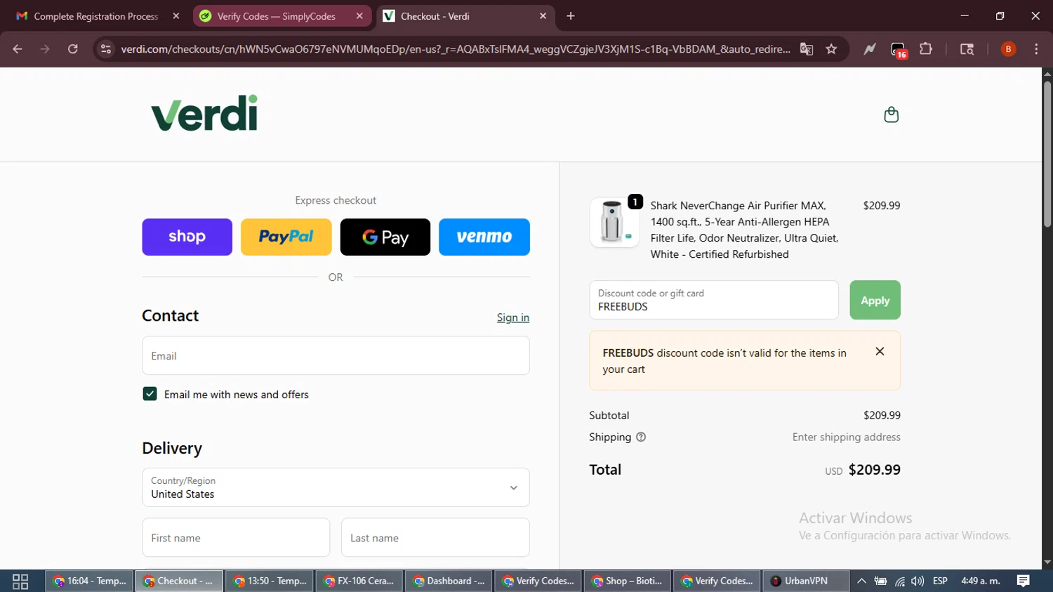 Verdi discount code screenshot showing code FREEBUDS applied at Verdi checkout page. Uploaded by SimplyCodes community member DiscountExpert6435 on Dec 1, 2025