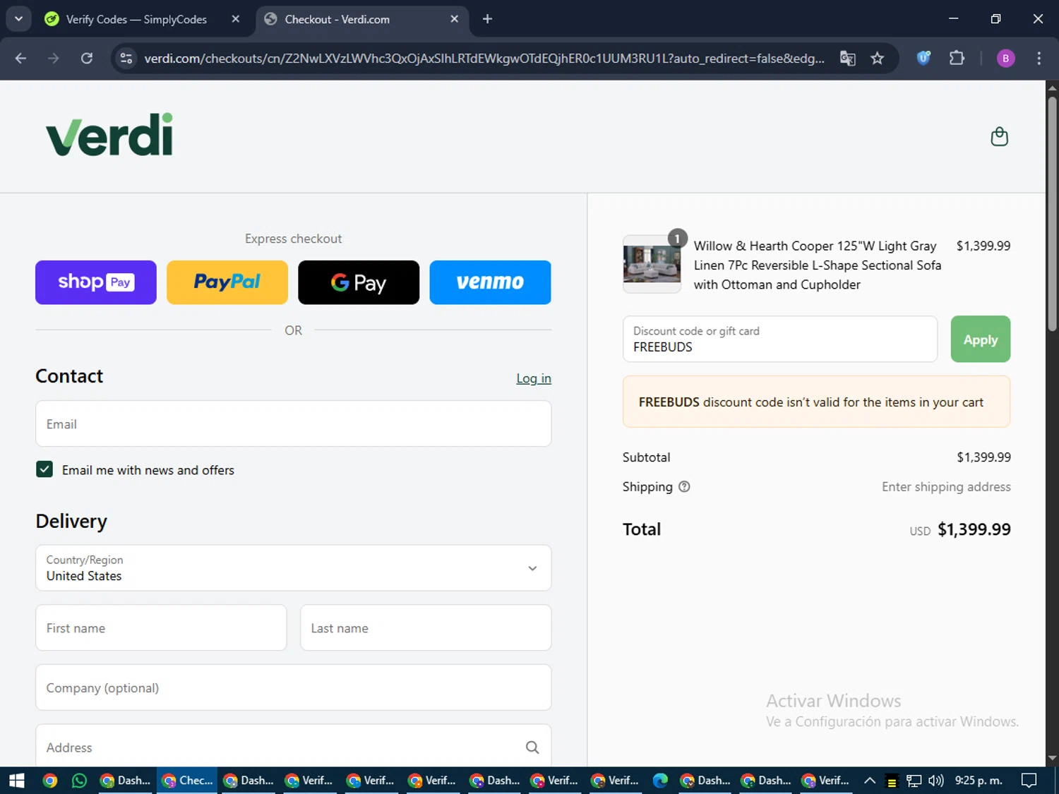 Verdi discount code screenshot showing code FREEBUDS applied at Verdi checkout page. Uploaded by SimplyCodes community member travisscott on Jun 13, 2025
