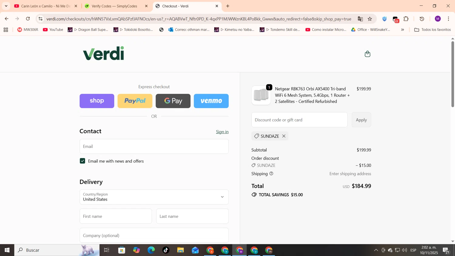 Verdi discount code screenshot showing code SUNDAZE applied at Verdi checkout page. Uploaded by SimplyCodes community member cod_gakpo on Nov 10, 2025