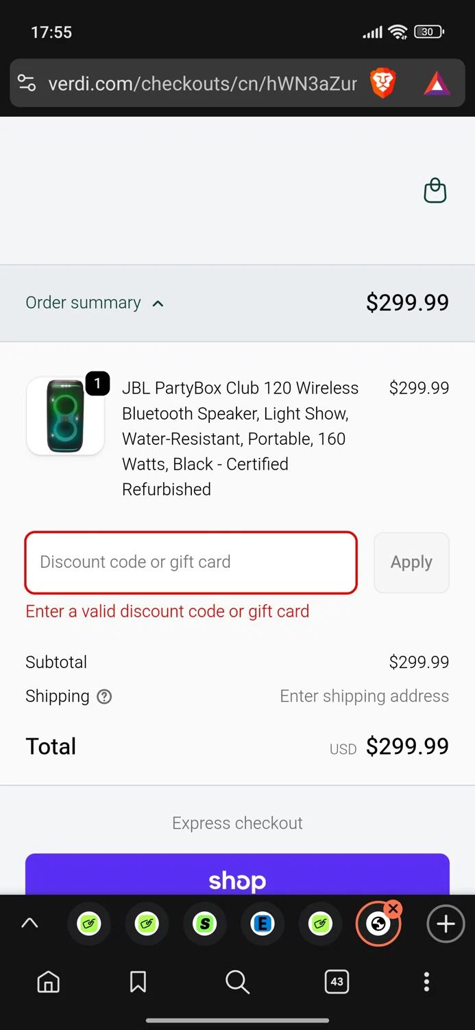 Verdi discount code screenshot showing code NICESPEAKERS applied at Verdi checkout page. Uploaded by SimplyCodes community member Dejadepicharme on Sep 30, 2025