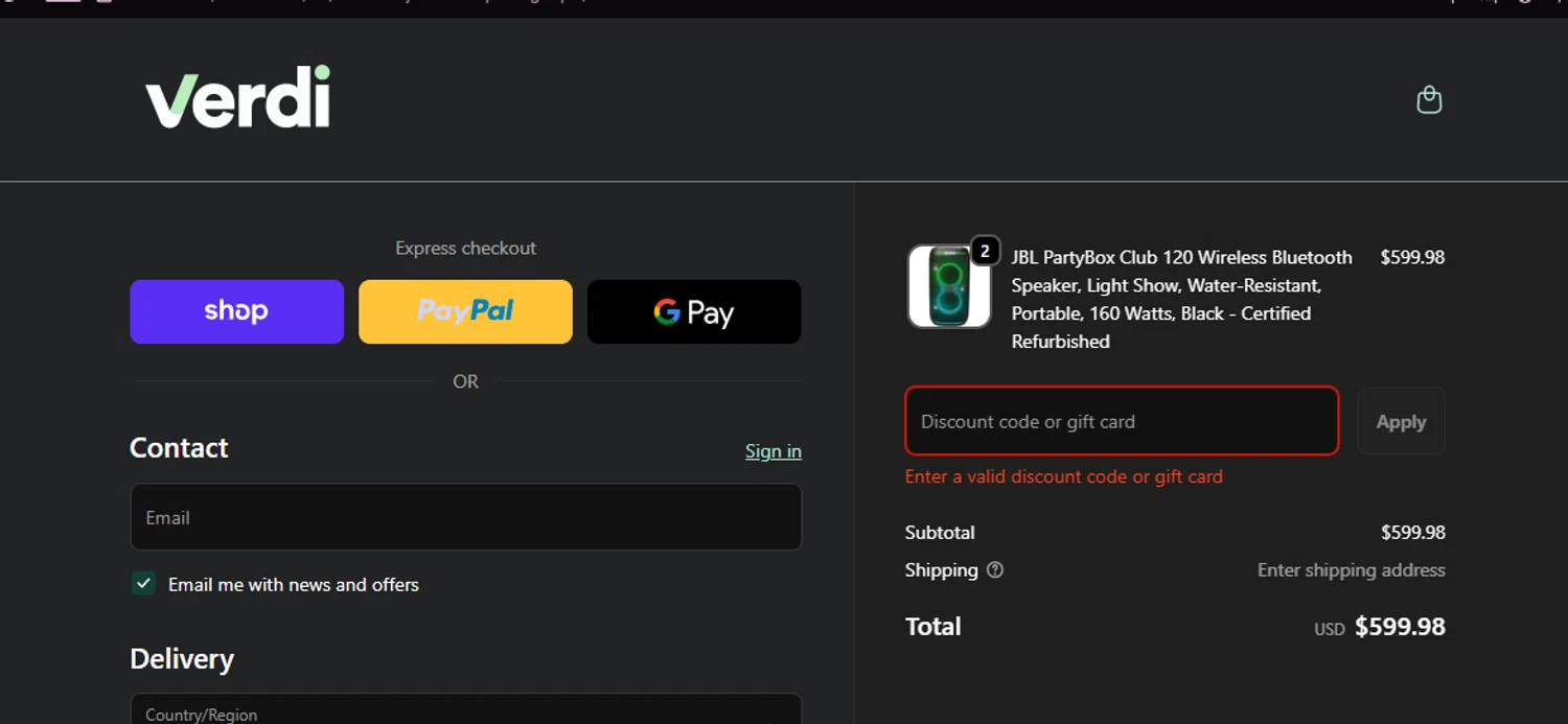 Verdi discount code screenshot showing code NICESPEAKERS applied at Verdi checkout page. Uploaded by SimplyCodes community member chepipi on Sep 30, 2025