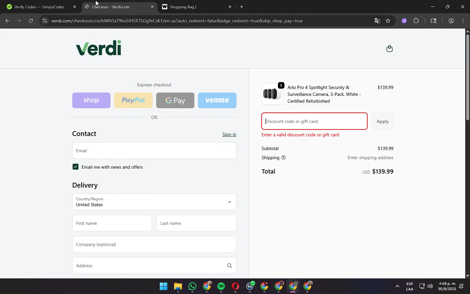 Verdi discount code screenshot showing code NICESPEAKERS applied at Verdi checkout page. Uploaded by SimplyCodes community member wednesday on Sep 30, 2025
