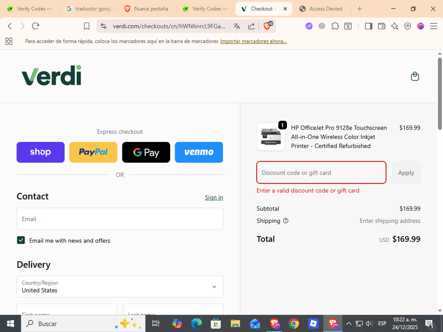 Verdi discount code screenshot showing code HOLIDAY10 applied at Verdi checkout page. Uploaded by SimplyCodes community member ANDREWW on Dec 24, 2025