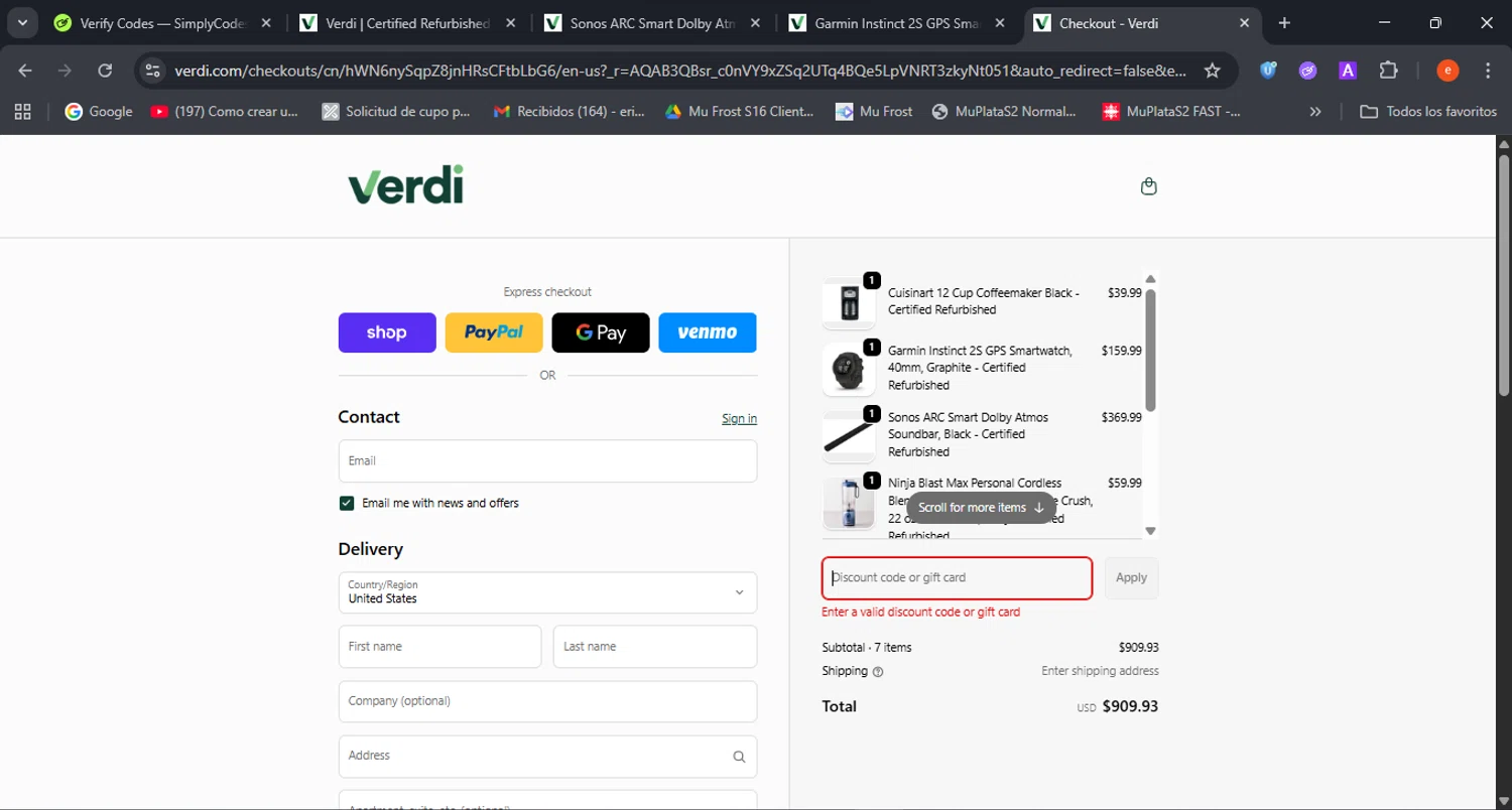 Verdi discount code screenshot showing code HOLIDAY10 applied at Verdi checkout page. Uploaded by SimplyCodes community member BrilliantSleuth7740 on Dec 24, 2025