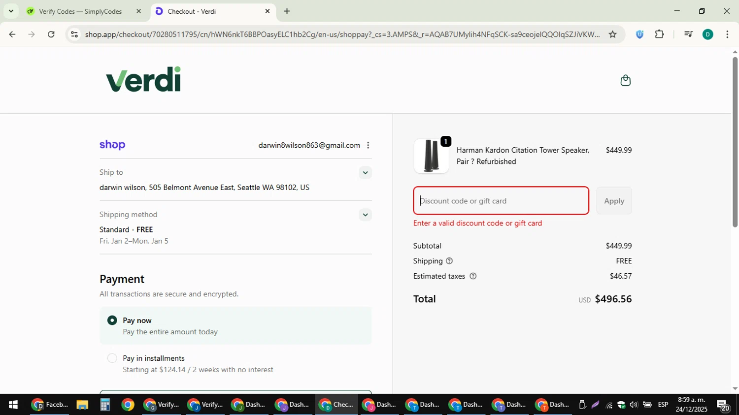 Verdi discount code screenshot showing code HOLIDAY10 applied at Verdi checkout page. Uploaded by SimplyCodes community member ThriftyLion6776 on Dec 24, 2025