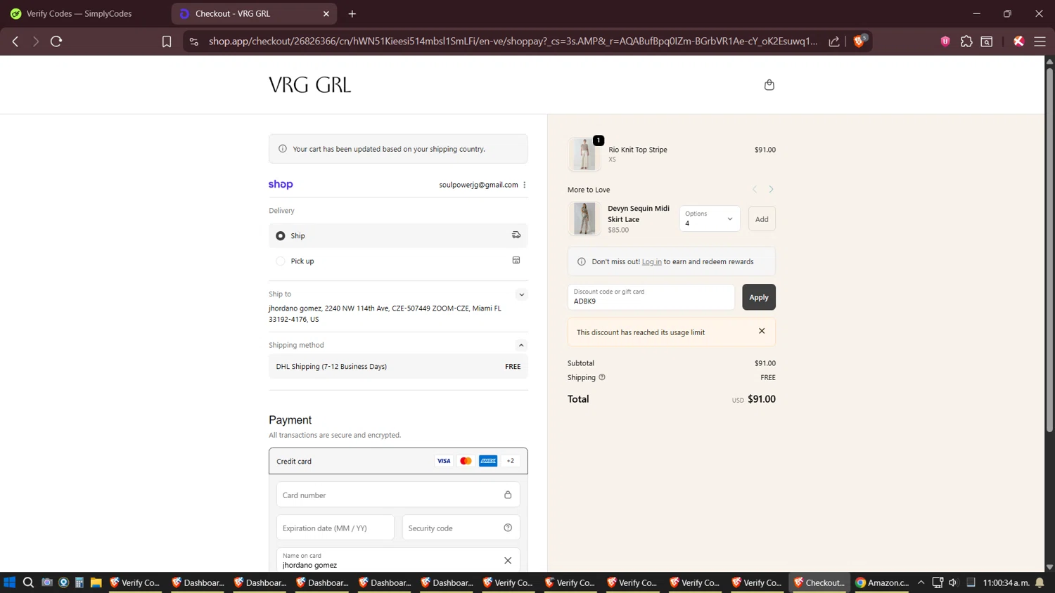 Verge Girl discount code screenshot showing code ADBK9 applied at Verge Girl checkout page. Uploaded by SimplyCodes community member JhonatanGomez on Nov 7, 2025