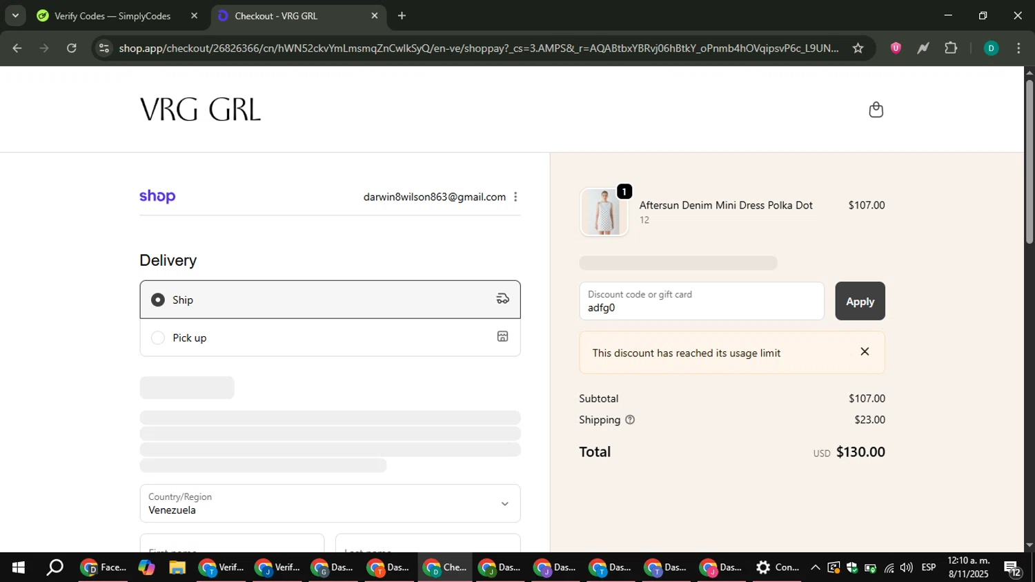 Verge Girl discount code screenshot showing code adfg0 applied at Verge Girl checkout page. Uploaded by SimplyCodes community member ThriftyLion6776 on Nov 8, 2025
