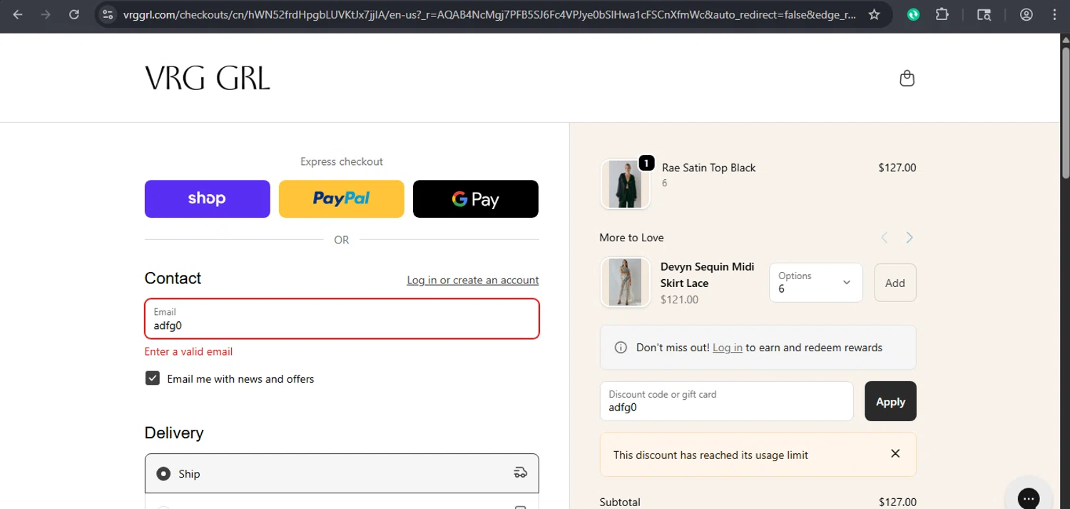 Verge Girl discount code screenshot showing code adfg0 applied at Verge Girl checkout page. Uploaded by SimplyCodes community member xaswqe on Nov 8, 2025