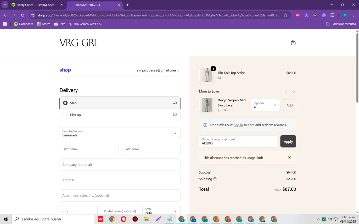 Verge Girl discount code screenshot showing code ADBKO applied at Verge Girl checkout page. Uploaded by SimplyCodes community member RebateScholar429 on Nov 9, 2025