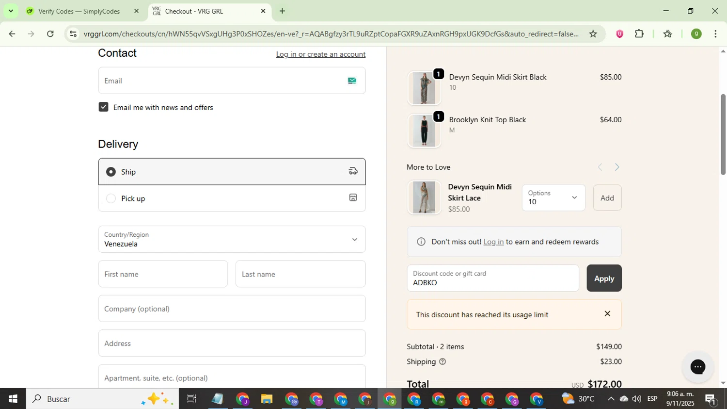 Verge Girl discount code screenshot showing code ADBKO applied at Verge Girl checkout page. Uploaded by SimplyCodes community member ValiantMaestro6680 on Nov 9, 2025