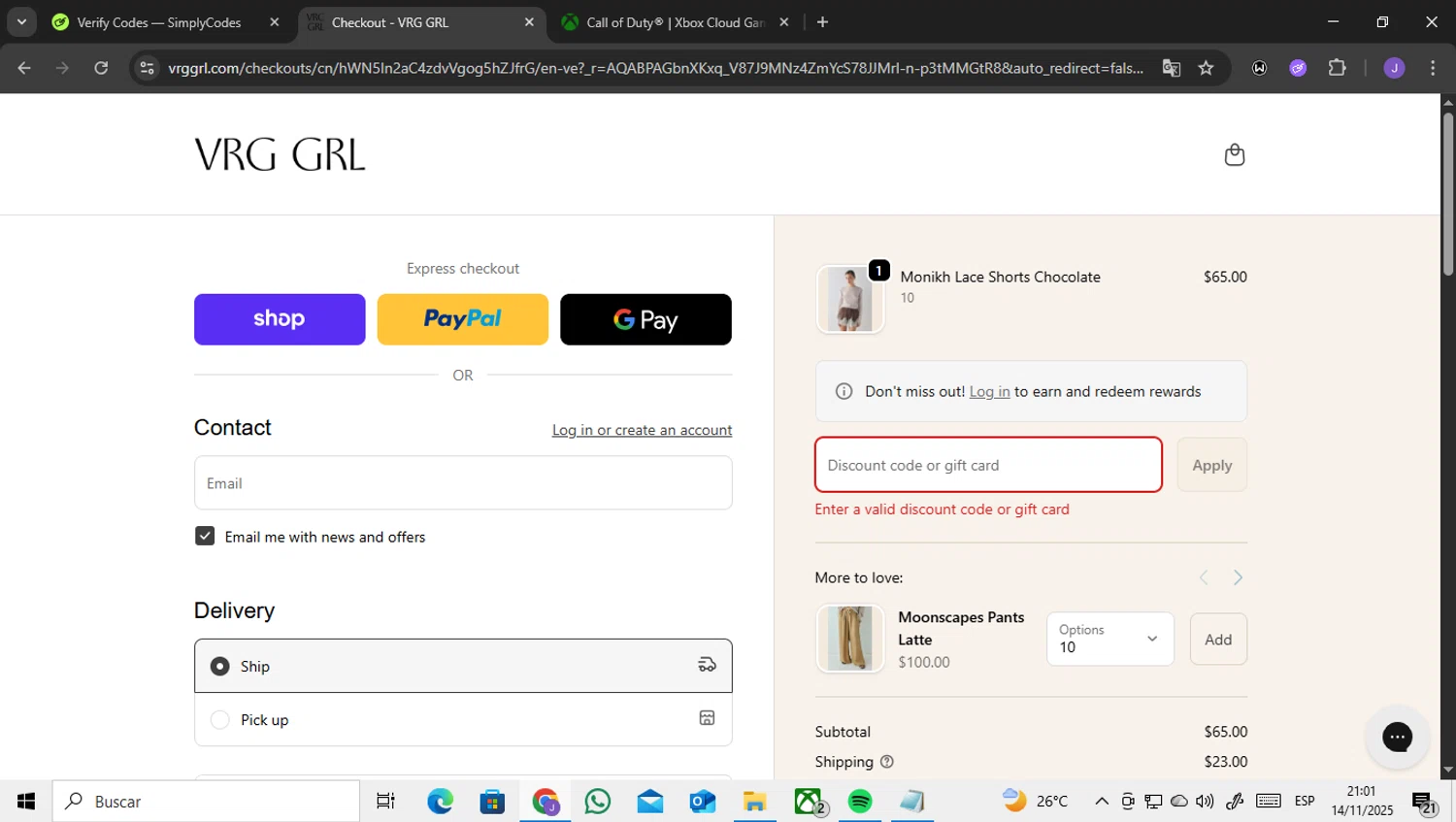 Verge Girl discount code screenshot showing code ADBKP applied at Verge Girl checkout page. Uploaded by SimplyCodes community member ENCARAMESSI on Nov 15, 2025