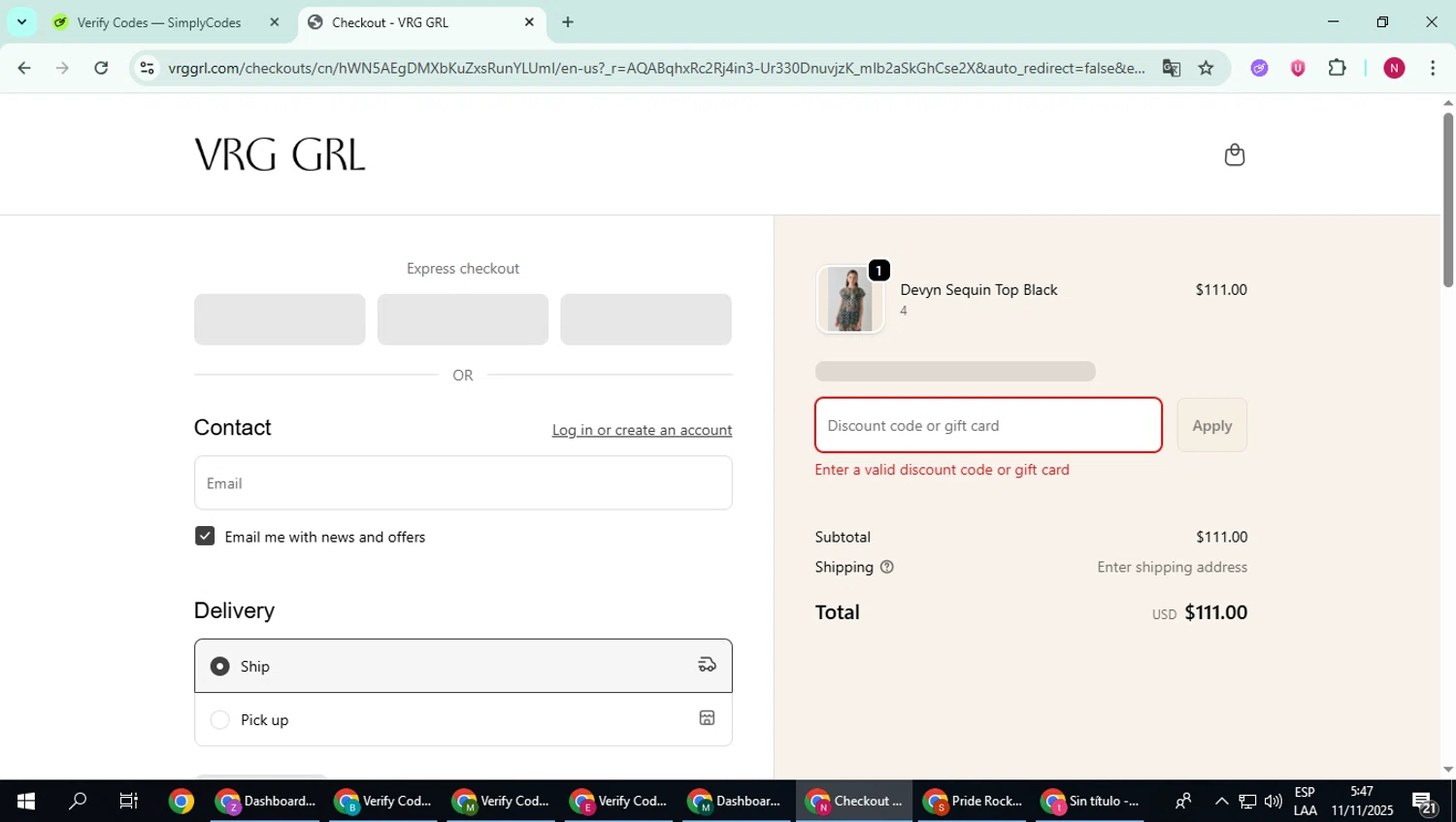 Verge Girl discount code screenshot showing code ADEYY applied at Verge Girl checkout page. Uploaded by SimplyCodes community member CoinWizard8578 on Nov 11, 2025