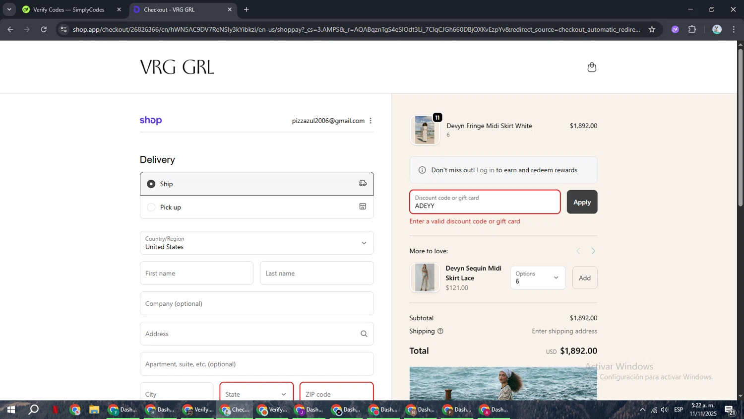 Verge Girl discount code screenshot showing code ADEYY applied at Verge Girl checkout page. Uploaded by SimplyCodes community member ShrewdSeeker6165 on Nov 11, 2025