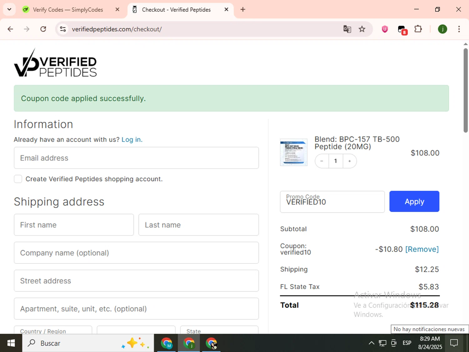 Verified Peptides coupon code screenshot showing code VERIFIED10 applied at Verified Peptides checkout page. Uploaded by SimplyCodes community member SavingsCollector2592 on Aug 24, 2025