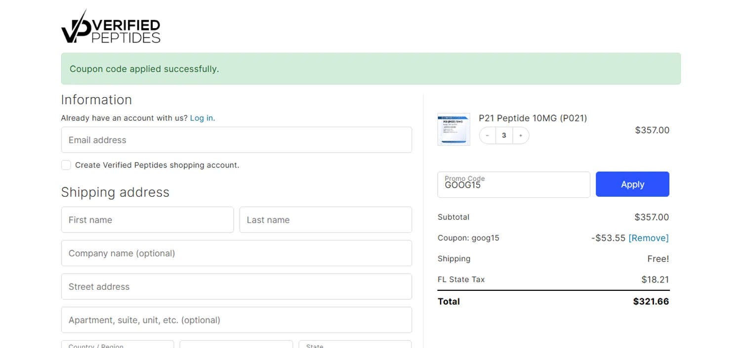 Verified Peptides coupon code screenshot showing code GOOG15 applied at Verified Peptides checkout page. Uploaded by SimplyCodes community member MagnificentCurator5441 on Nov 12, 2025
