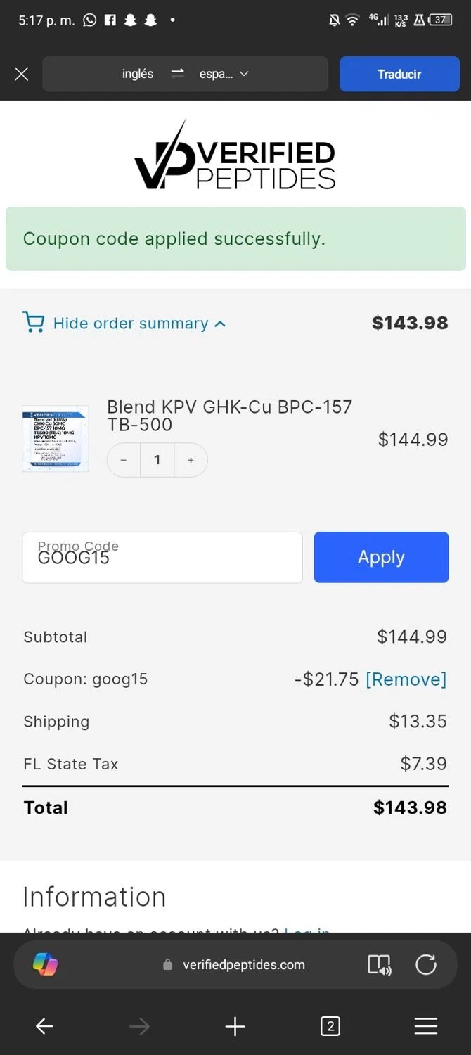 Verified Peptides checkout page showing Verified Peptides coupon code box | Screenshot taken by SimplyCodes community member on Jan 3, 2026