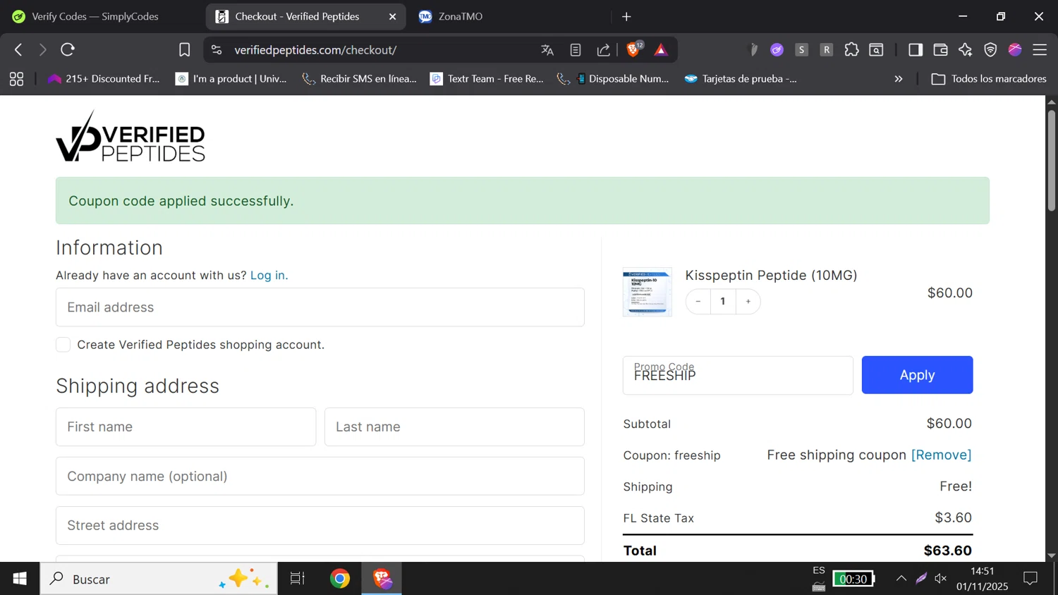 Verified Peptides coupon code screenshot showing code FREESHIP applied at Verified Peptides checkout page. Uploaded by SimplyCodes community member DORIANGEL on Nov 1, 2025