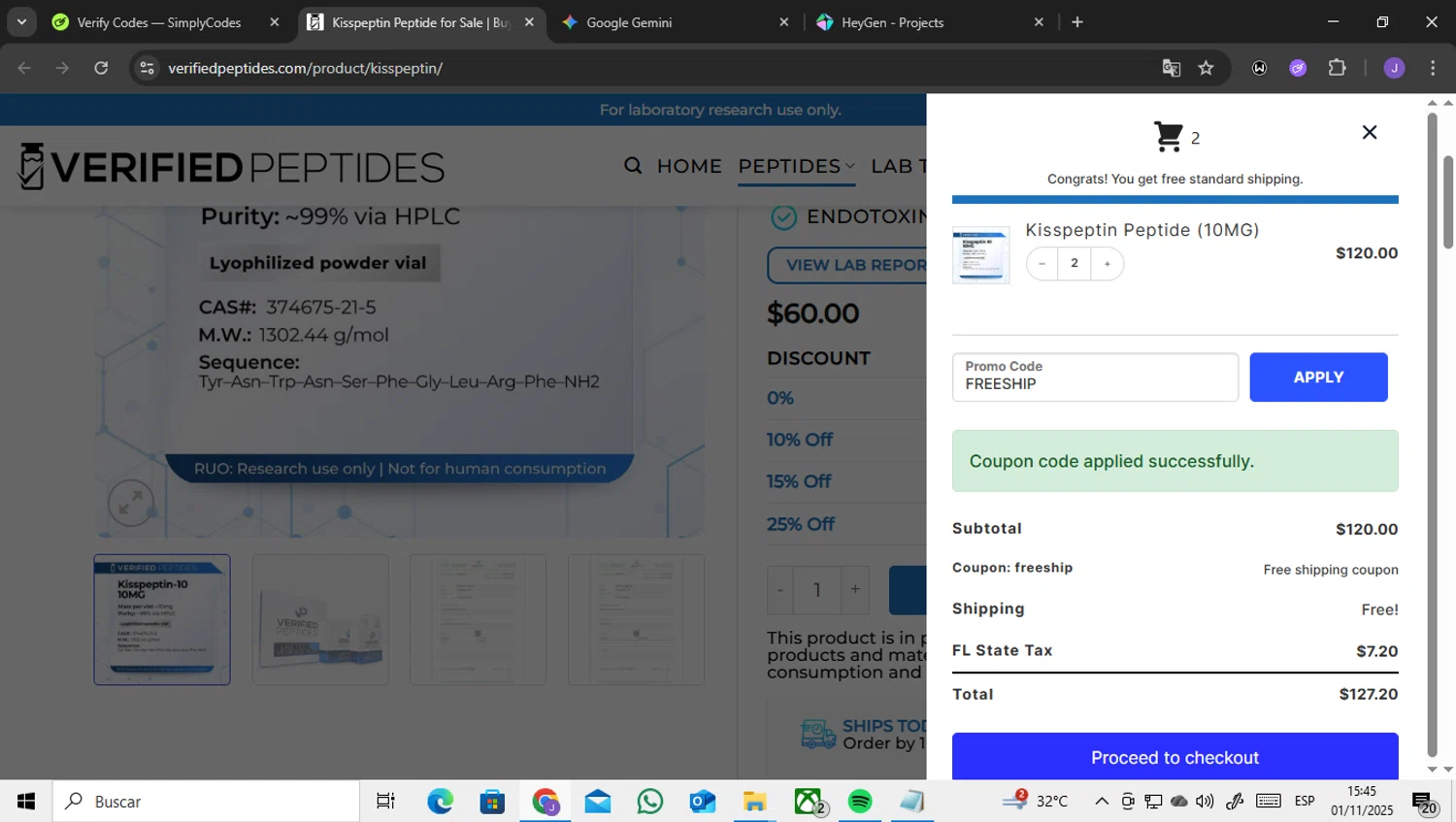 Verified Peptides coupon code screenshot showing code FREESHIP applied at Verified Peptides checkout page. Uploaded by SimplyCodes community member ENCARAMESSI on Nov 1, 2025