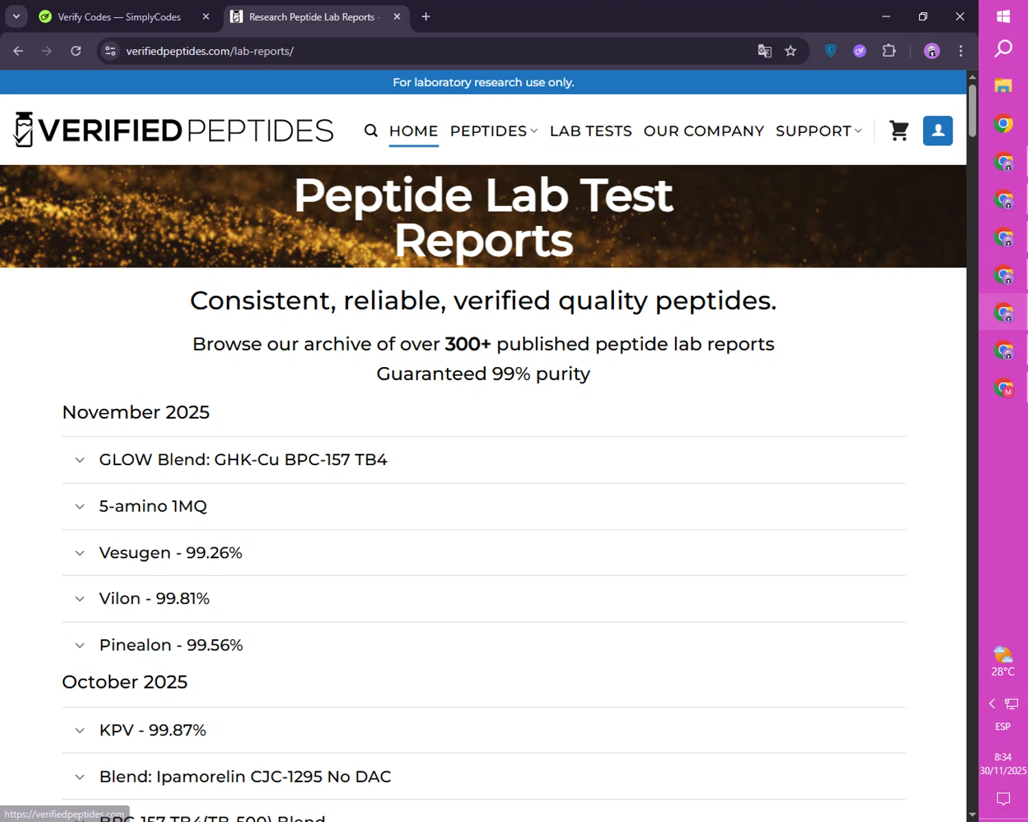 Verified Peptides coupon code screenshot showing code FREESHIP applied at Verified Peptides checkout page. Uploaded by SimplyCodes community member FortunateScholar4524 on Nov 30, 2025