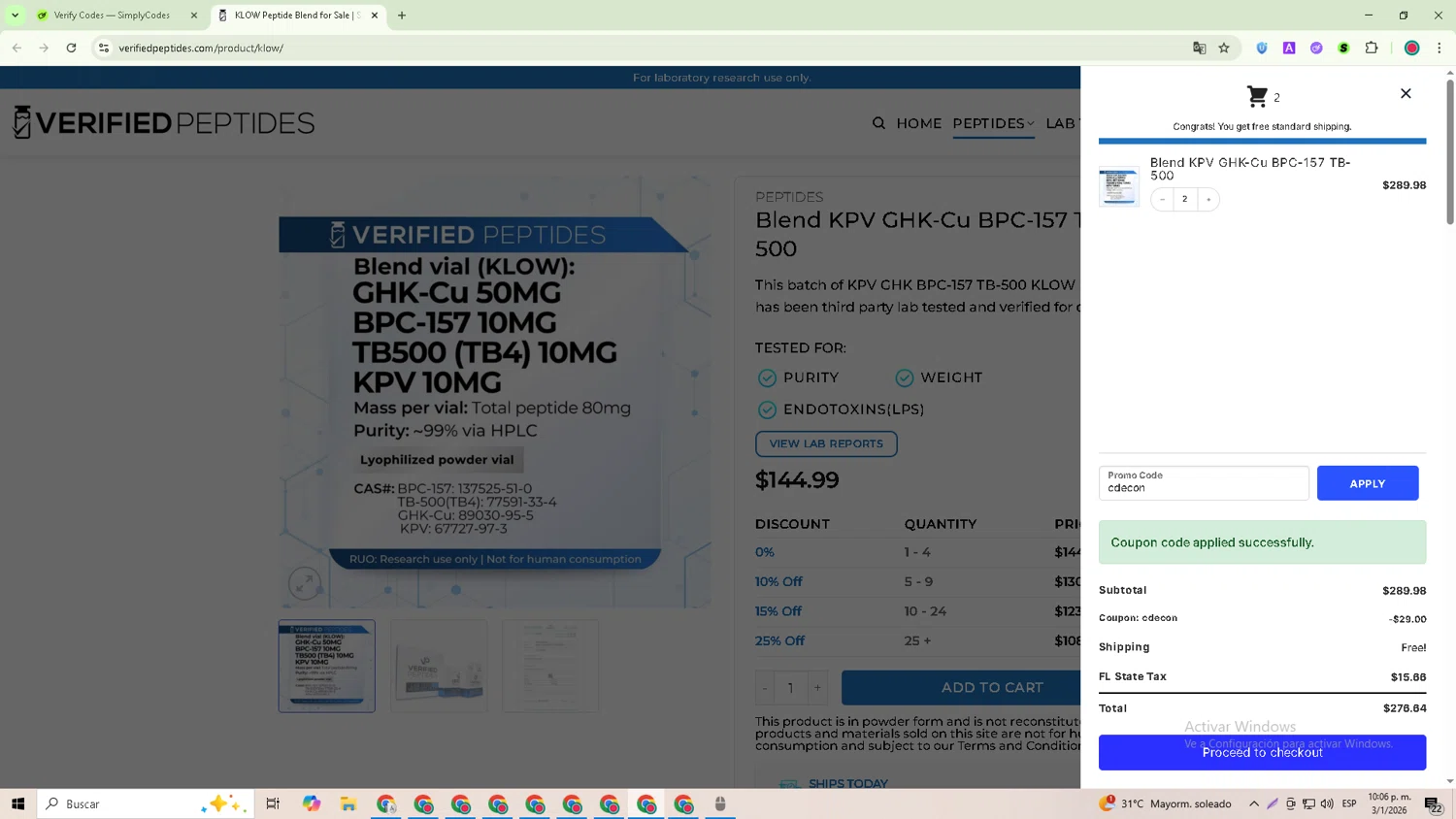 Verified Peptides checkout page showing Verified Peptides coupon code box | Screenshot taken by SimplyCodes community member on Jan 3, 2026