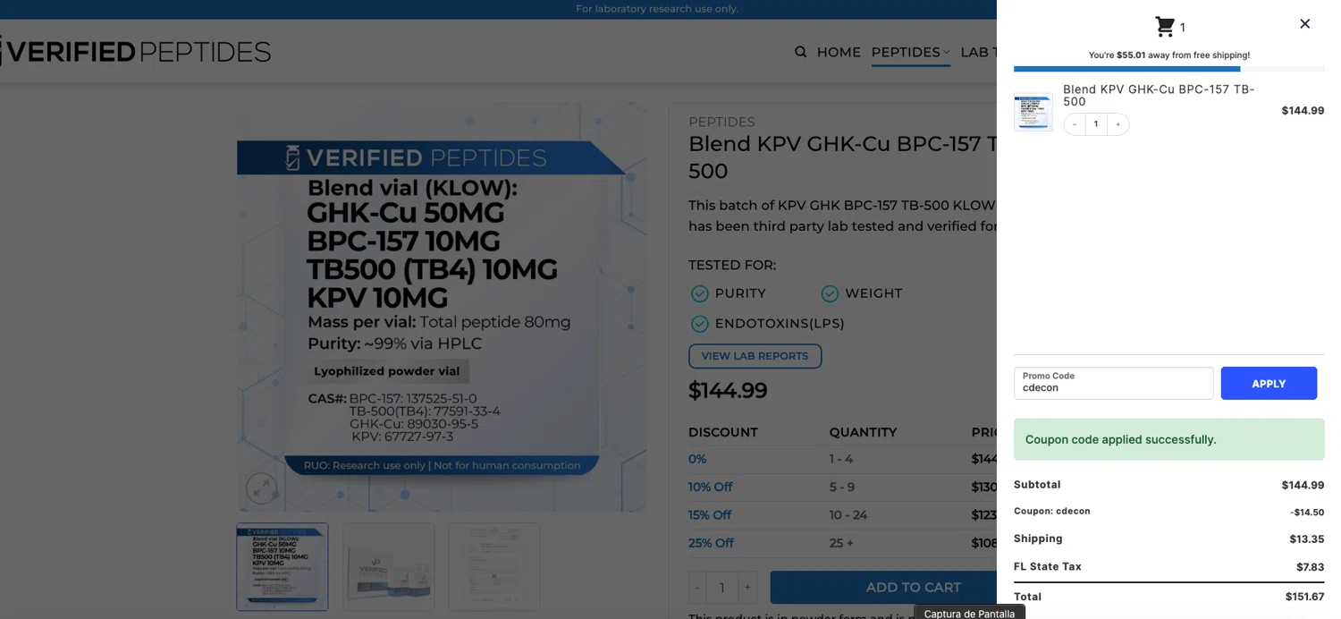Verified Peptides coupon code screenshot showing code cdecon applied at Verified Peptides checkout page. Uploaded by SimplyCodes community member ELOIN777 on Jan 3, 2026