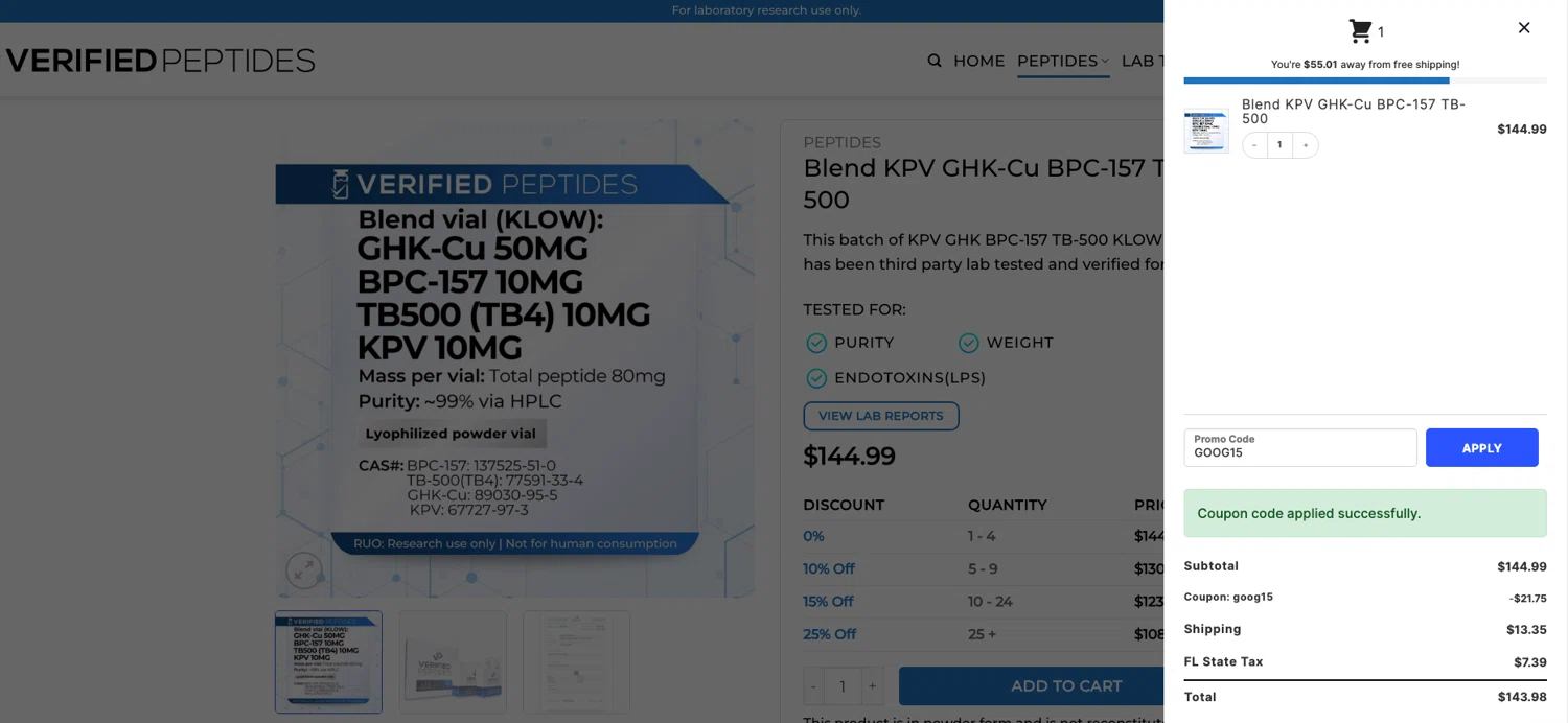 Verified Peptides coupon code screenshot showing code GOOG15 applied at Verified Peptides checkout page. Uploaded by SimplyCodes community member ELOIN777 on Jan 3, 2026