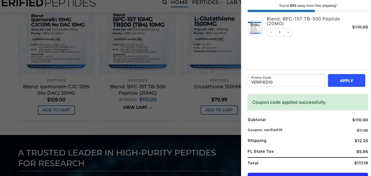 Verified Peptides coupon code screenshot showing code VERIFIED10 applied at Verified Peptides checkout page. Uploaded by SimplyCodes community member Olorinnnnn on Jul 26, 2025