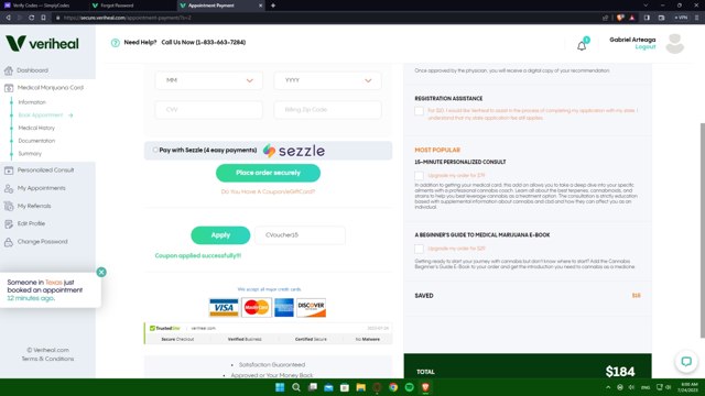 Veriheal checkout page showing Veriheal coupon code box | Screenshot taken by SimplyCodes community member on Jul 24, 2023
