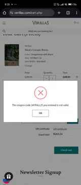 SKYFALL25 coupon verification screenshot