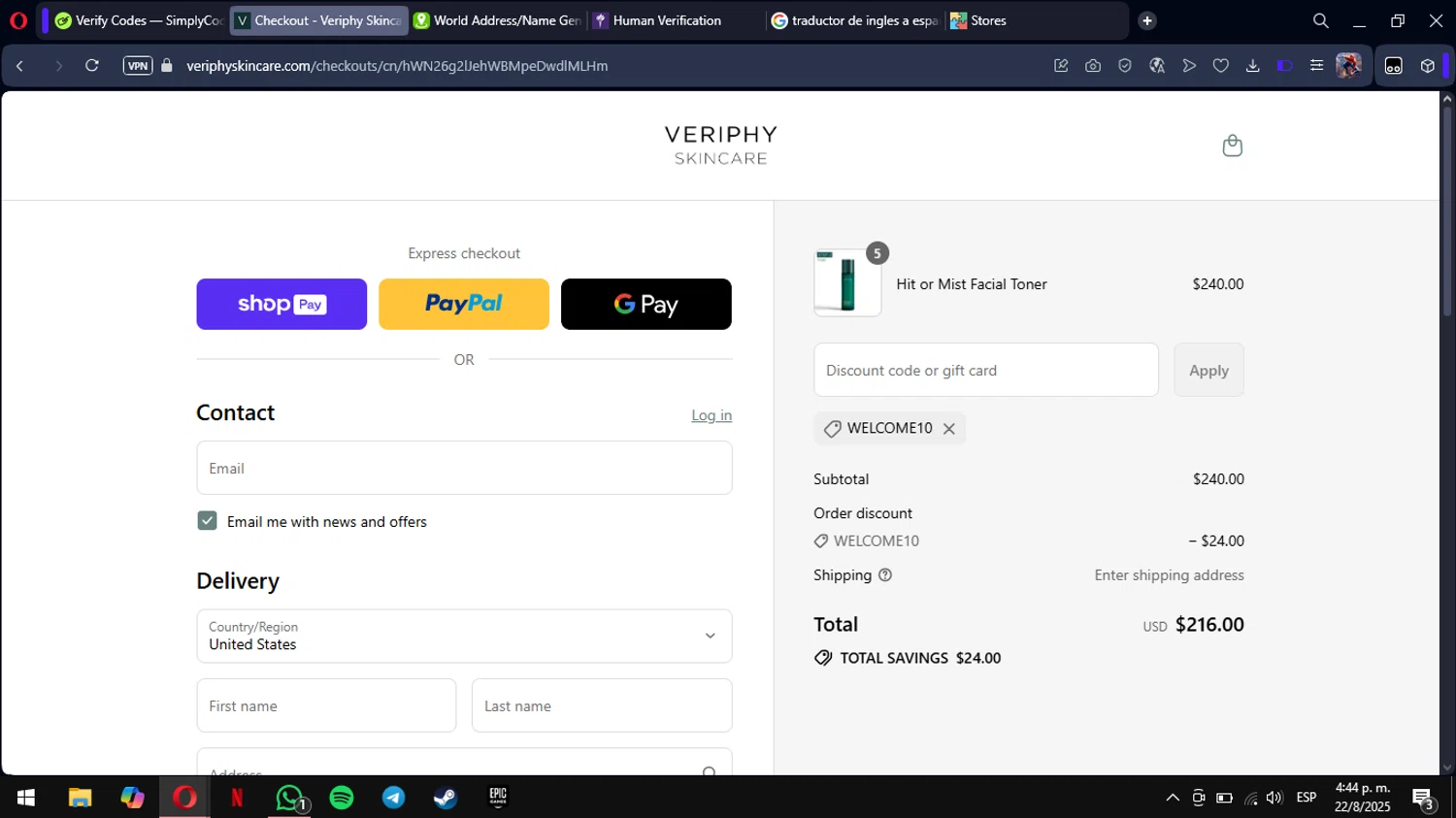 Veriphy Skincare promo code screenshot showing code WELCOME10 applied at Veriphy Skincare checkout page. Uploaded by SimplyCodes community member mimusuky1 on Aug 22, 2025