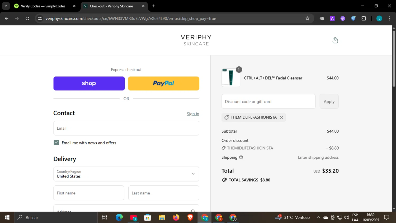 Veriphy Skincare promo code screenshot showing code THEMIDLIFEFASHIONISTA applied at Veriphy Skincare checkout page. Uploaded by SimplyCodes community member WonderCaptain6926 on Sep 16, 2025