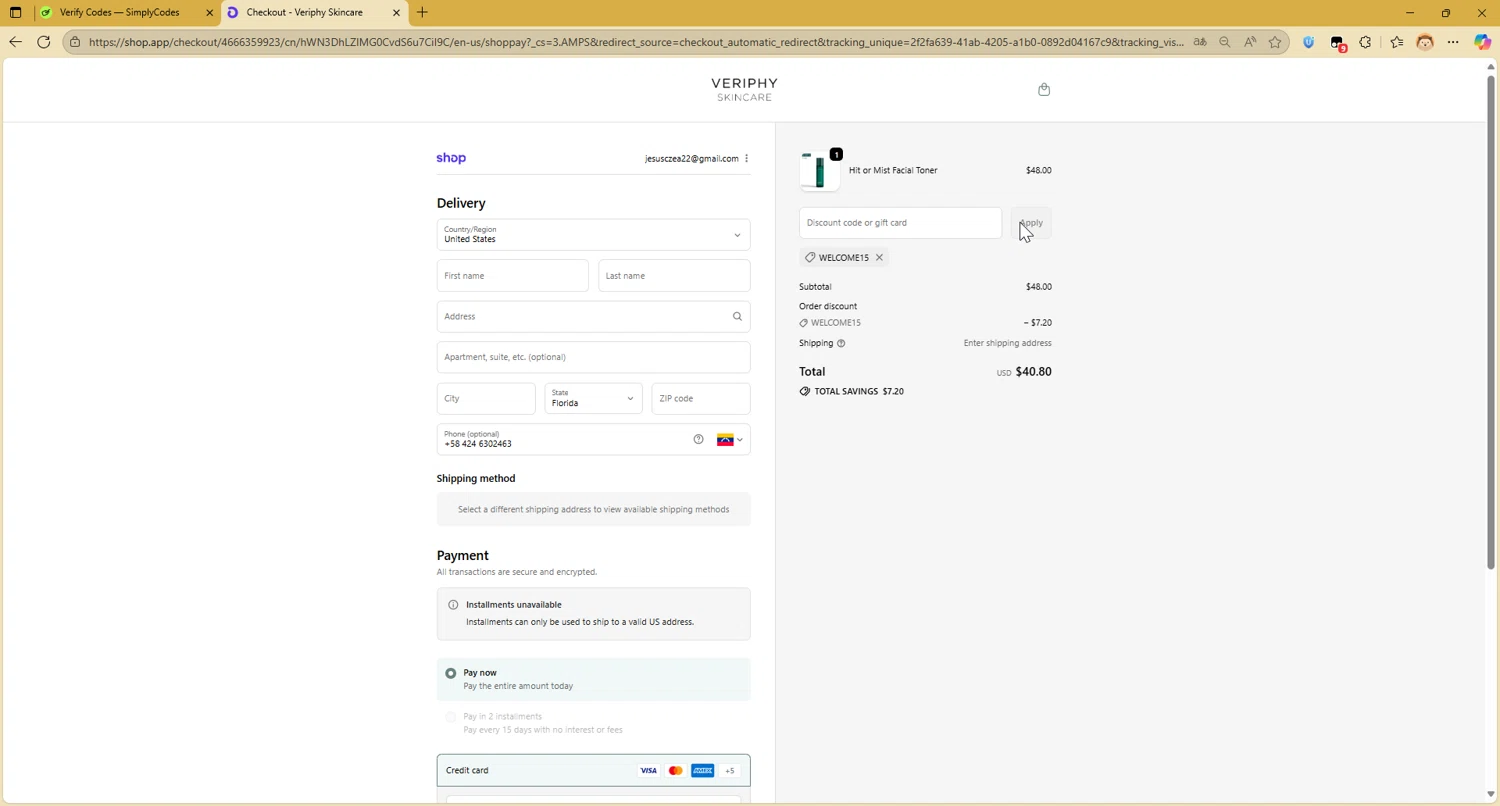 Veriphy Skincare promo code screenshot showing code WELCOME15 applied at Veriphy Skincare checkout page. Uploaded by SimplyCodes community member CleverAce742 on Sep 21, 2025