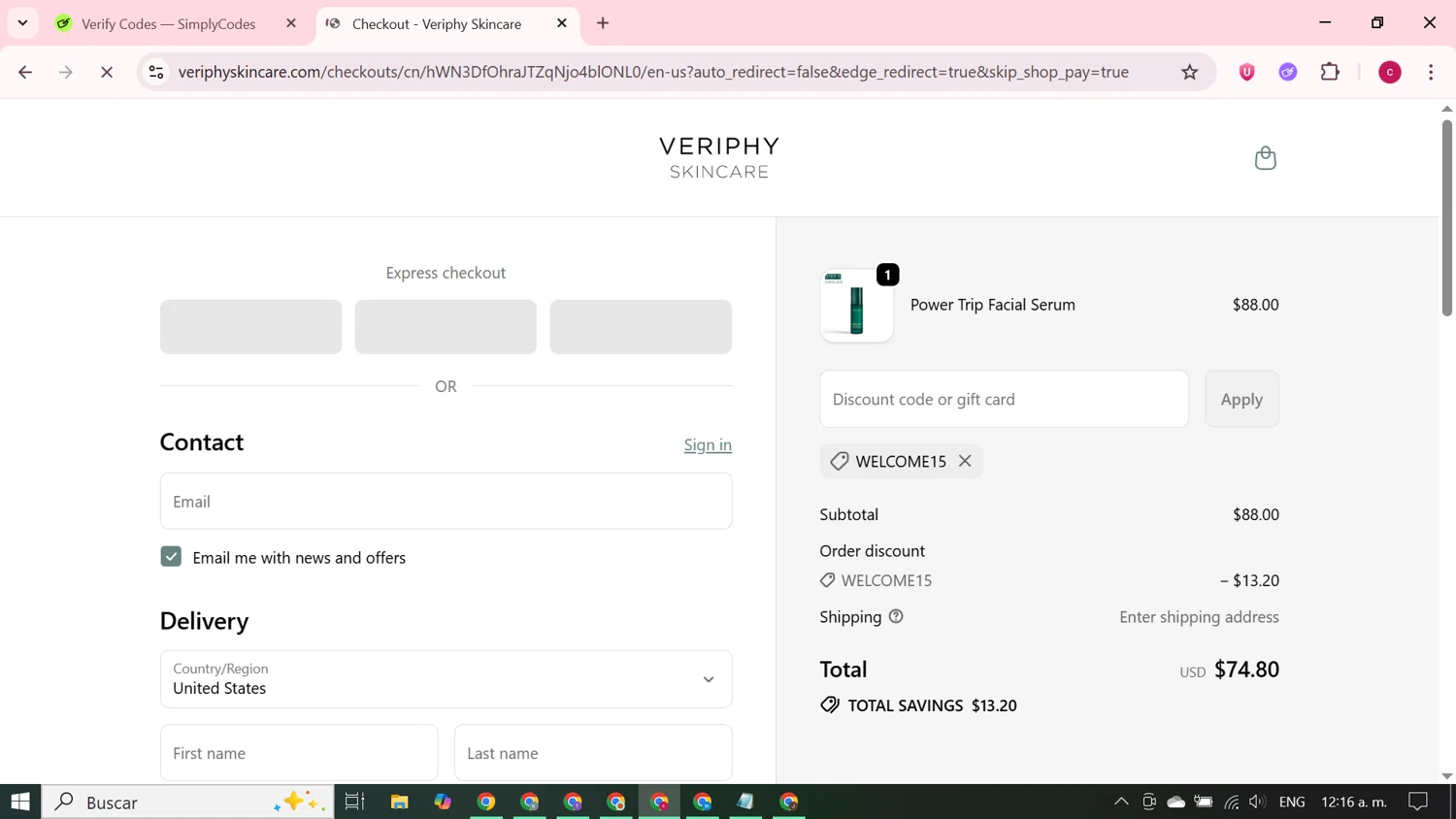 Veriphy Skincare promo code screenshot showing code WELCOME15 applied at Veriphy Skincare checkout page. Uploaded by SimplyCodes community member RewardElite5744 on Sep 21, 2025