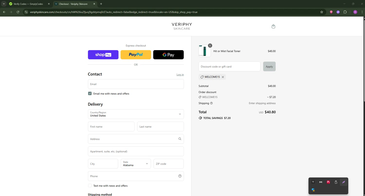 Veriphy Skincare promo code screenshot showing code WELCOME15 applied at Veriphy Skincare checkout page. Uploaded by SimplyCodes community member RoyalSentinel4577 on Aug 22, 2025