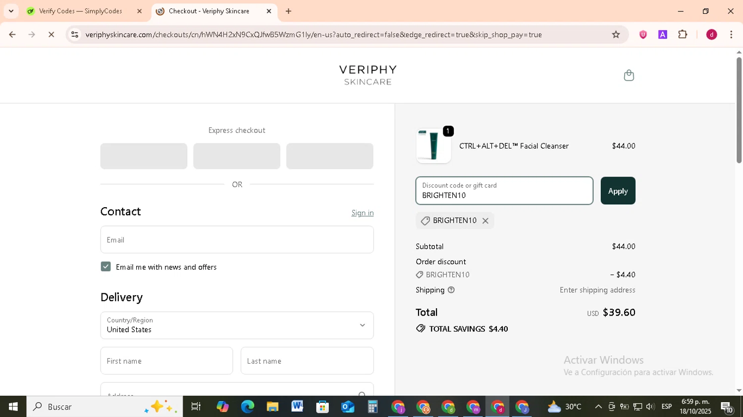 Veriphy Skincare promo code screenshot showing code BRIGHTEN10 applied at Veriphy Skincare checkout page. Uploaded by SimplyCodes community member FrugalMonarch7277 on Oct 18, 2025