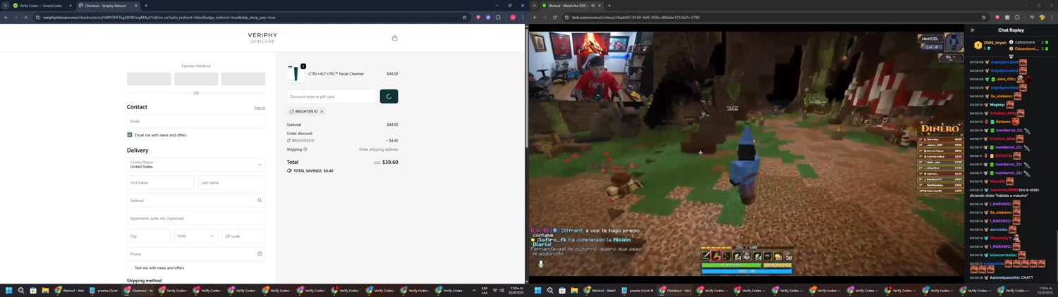 Veriphy Skincare promo code screenshot showing code BRIGHTEN10 applied at Veriphy Skincare checkout page. Uploaded by SimplyCodes community member TreasureWarden457 on Sep 25, 2025