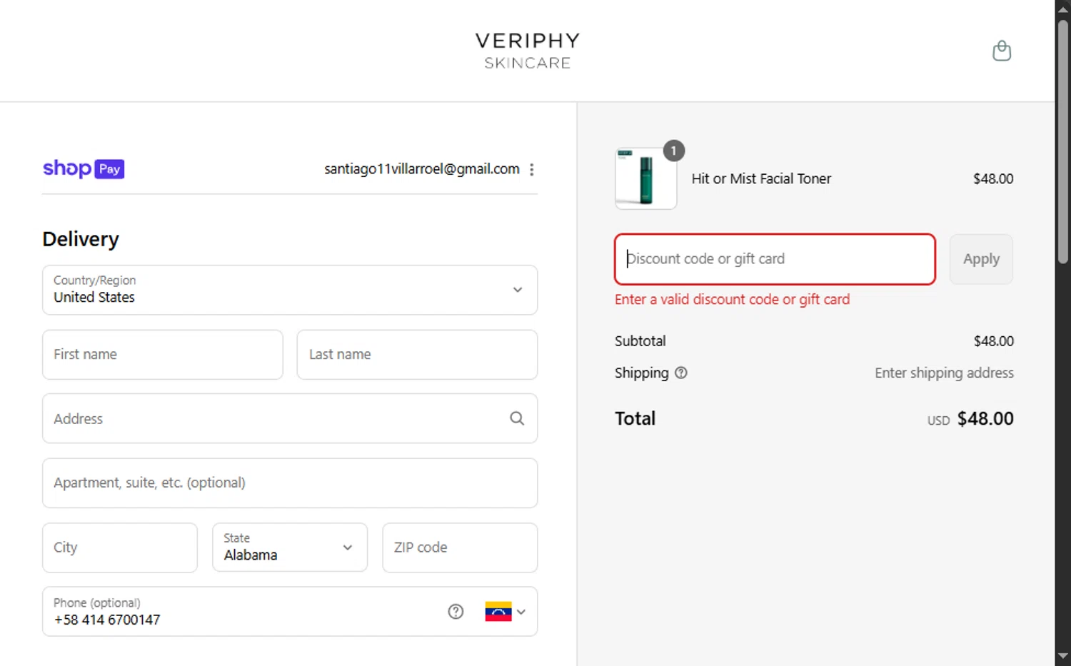 Veriphy Skincare promo code screenshot showing code SPLASHSALE applied at Veriphy Skincare checkout page. Uploaded by SimplyCodes community member Santi_ago on Aug 5, 2025