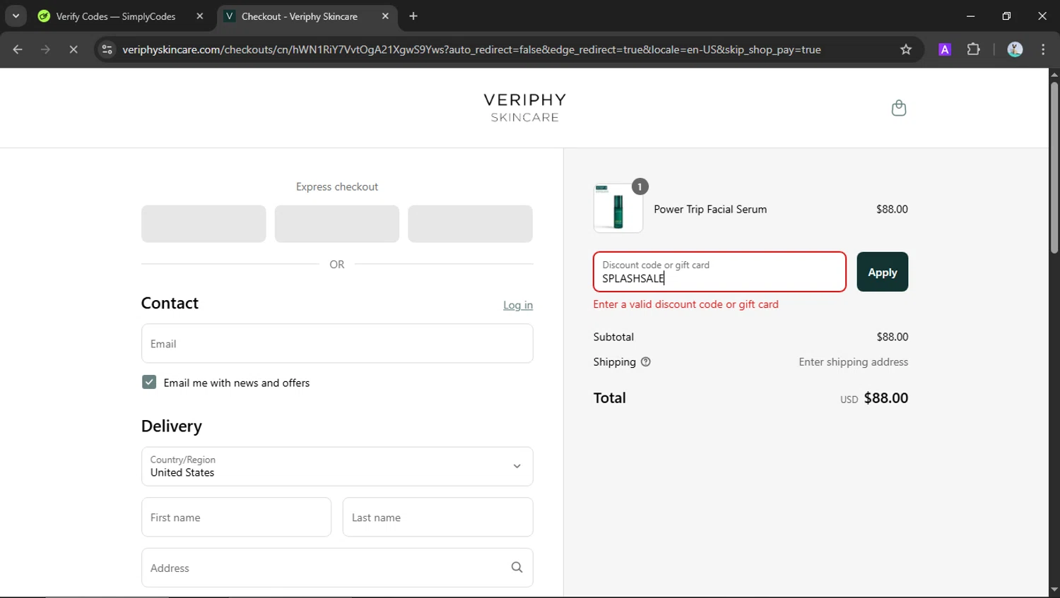 Veriphy Skincare promo code screenshot showing code SPLASHSALE applied at Veriphy Skincare checkout page. Uploaded by SimplyCodes community member SilverSeeker255 on Aug 5, 2025