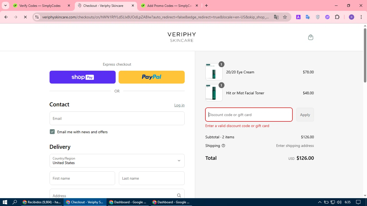 Veriphy Skincare promo code screenshot showing code SPLASHSALE applied at Veriphy Skincare checkout page. Uploaded by SimplyCodes community member olivermedina on Aug 5, 2025