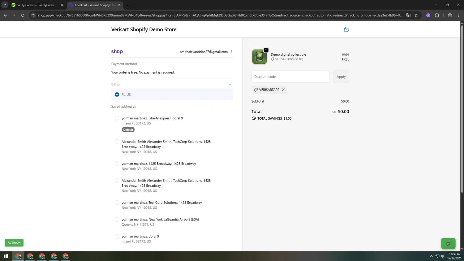 Verisart promo code screenshot showing code VERISARTAPP applied at Verisart checkout page. Uploaded by SimplyCodes community member INSECTOS on Dec 17, 2025