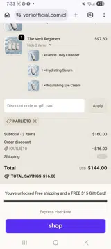 Verli coupon verification screenshot