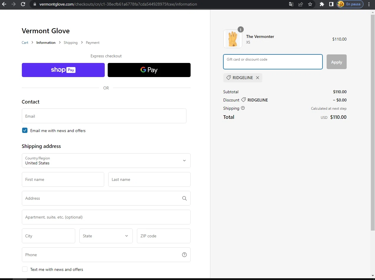 Vermont Glove checkout page showing Vermont Glove discount code box | Screenshot taken by SimplyCodes community member on Jul 22, 2023